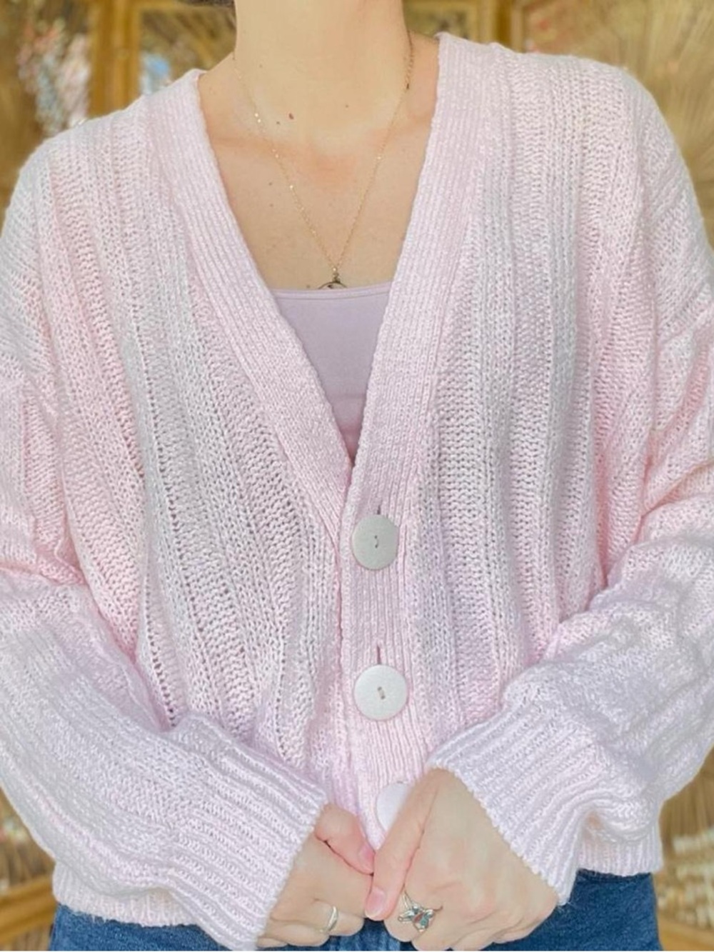 Vintage Pink Cardigan Cozy Knit Soft Girl Balletcore Sweater Cottagecore Granny - Picture 2 of 6